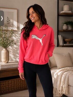 Puma Hot Pink Hoodie with White Puma Logo - cropped!